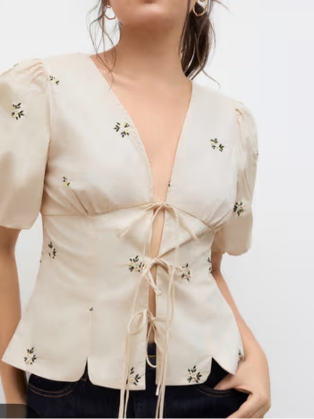 Cider Cream Floral Tie-Detail Puff Sleeve Blouse